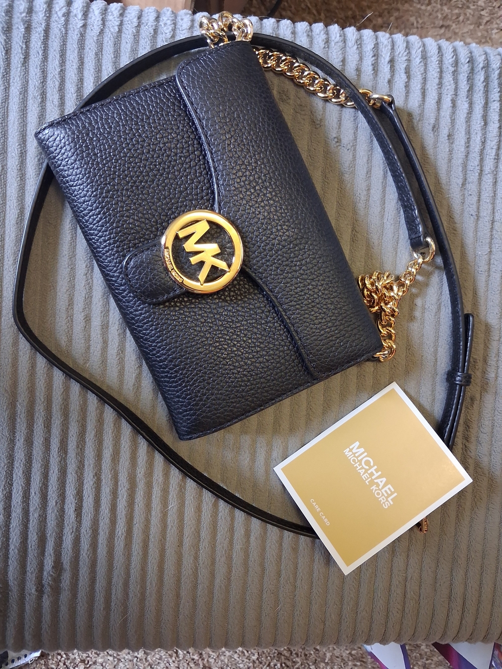 Michael Kors Black Leather Crossbody Bag with Gold Chain
